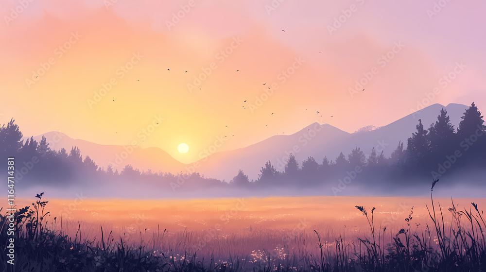 Fototapeta premium A misty sunrise over a field with mountains in the distance. Sunrise. Illustration