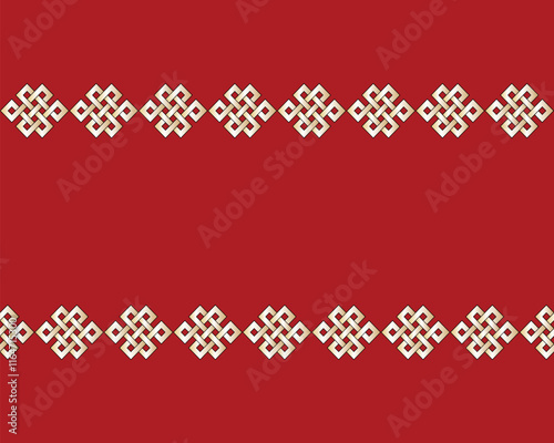 Endless chinese decorative knot, seamless pattern, gold on red background, vector