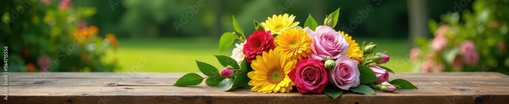 Fresh flowers arranged on a elegant wooden table in a luxurious garden, arrangement, wedding decor Fresh flowers arranged on a elegant wooden table in a luxurious garden, arrangement, wedding decor