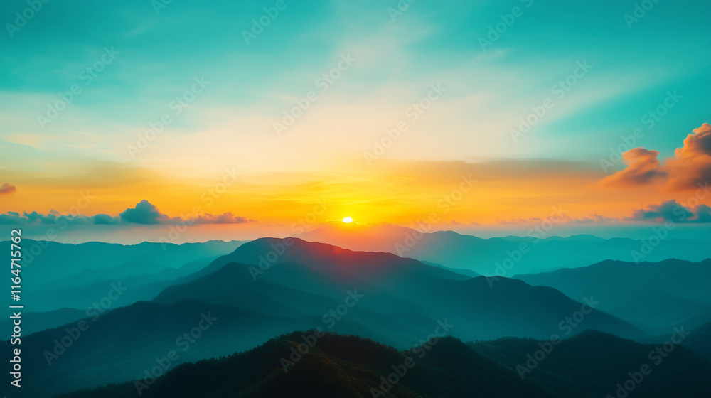 Fototapeta premium Serene mountain backdrop at sunrise with vibrant colors and soft clouds