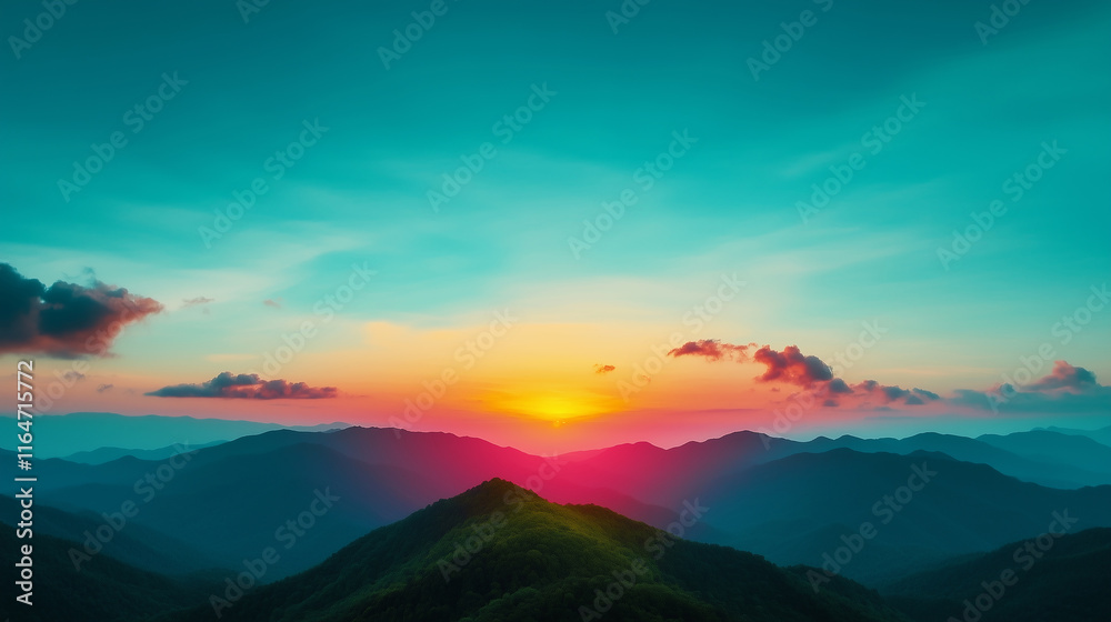 Obraz premium Serene mountain landscape during sunset with vibrant colors and clear sky