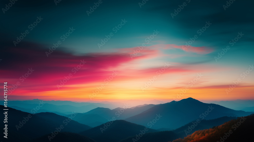 Fototapeta premium Serene sunset over layered mountains with vibrant clouds