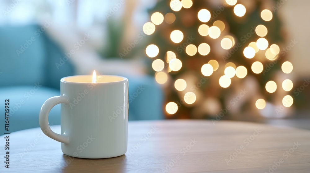 A cozy scene featuring a lit candle on a table with blurred lights. A cozy scene featuring a lit candle on a table with blurred lights.