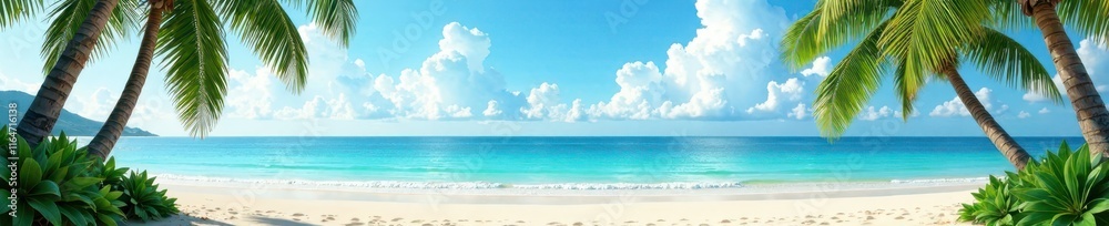 Seaside landscape with palm trees and sandy shore , sunset, palm trees Seaside landscape with palm trees and sandy shore , sunset, palm trees