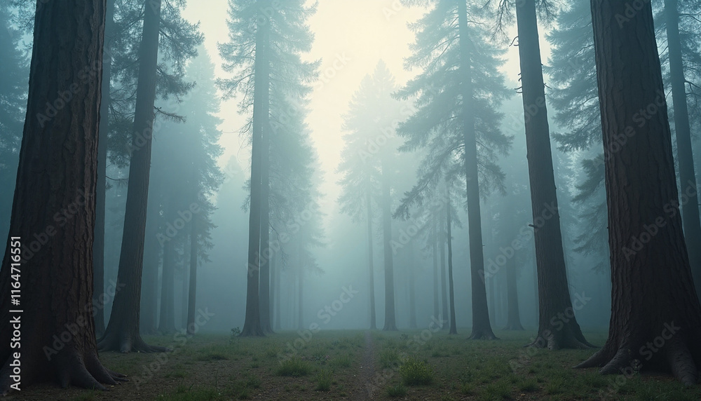 Fototapeta premium Misty forest of giant sequoias with ethereal fog enveloping towering trees, early morning light creating a tranquil atmosphere, leading to a serene pathway through the woods