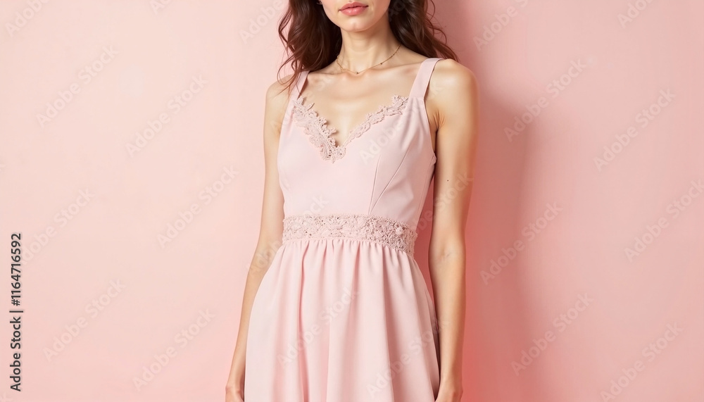 Woman in pink dress posing against a soft pink background Woman in pink dress posing against a soft pink background