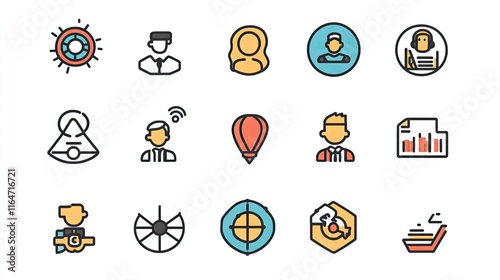 Colorful flat line icons set of diverse people, professions, and objects.