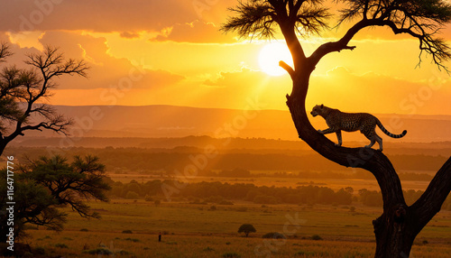 Cheetah silhouette against sunset in African landscape