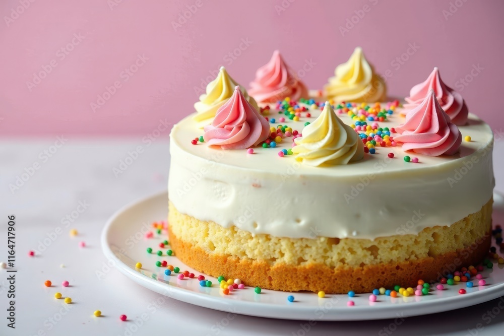 cake with colorful frosting and sprinkles on top, sprinkles, cake stand cake with colorful frosting and sprinkles on top, sprinkles, cake stand