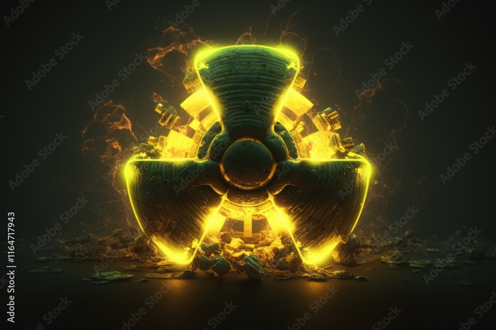 Generative AI of Glowing Three-Dimensional Nuclear Sign concept for Atomic Safety Protocols, Environmental Hazard Control, and Emergency Response Training