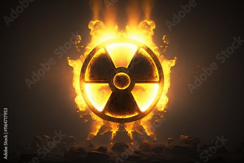 Obraz na płótnie Generative AI of Radioactive Warning Sign in Flames concept for Nuclear Risk Management, Environmental Contamination Prevention, and Disaster Preparedness Training w salonie