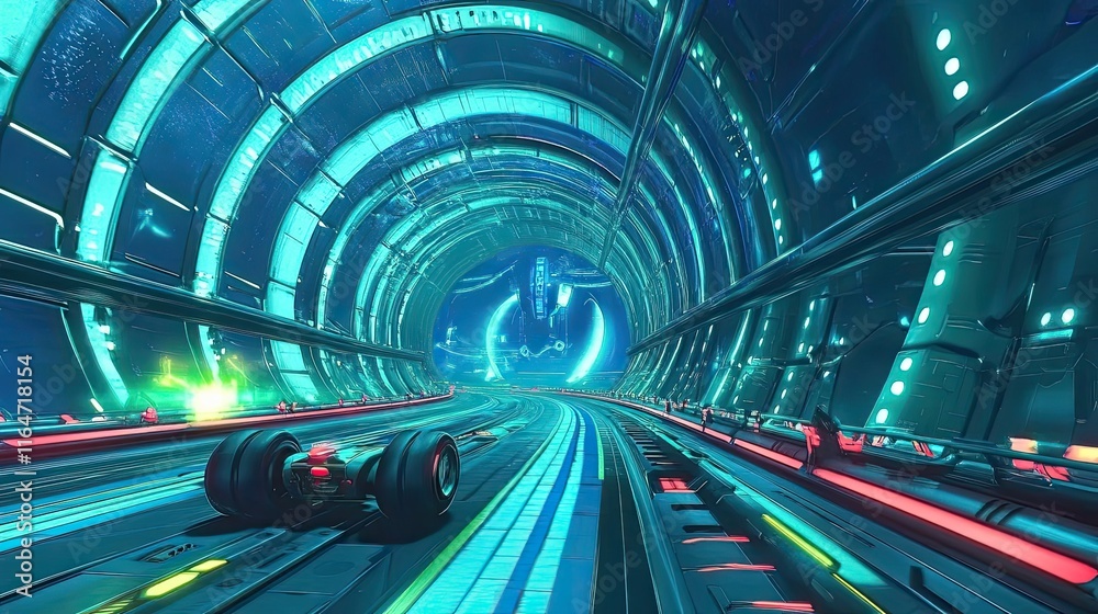 Futuristic Vehicle Speeds Through A Neon Lit Tunnel Futuristic Vehicle Speeds Through A Neon Lit Tunnel