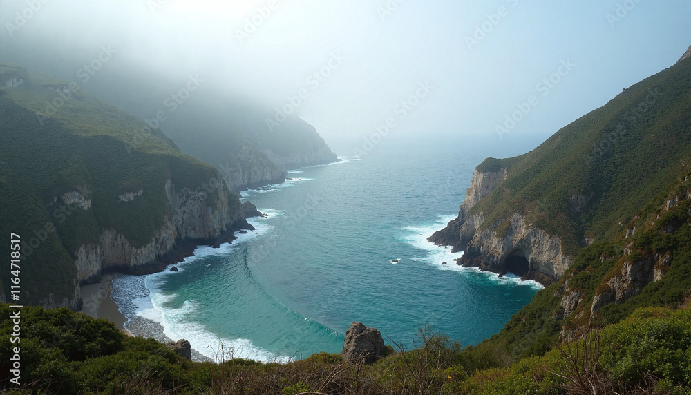 Fototapeta premium Serene panoramic cove surrounded by dramatic cliffs and lush vegetation with soft fog creating a mystical atmosphere, vibrant blue waters gently lapping at the shore