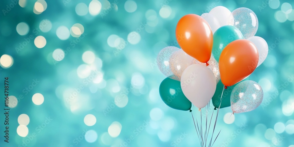 Vibrant cluster of balloons in orange, white, and teal with a shimmering backdrop celebrating joy and festivity Vibrant cluster of balloons in orange, white, and teal with a shimmering backdrop celebrating joy and festivity