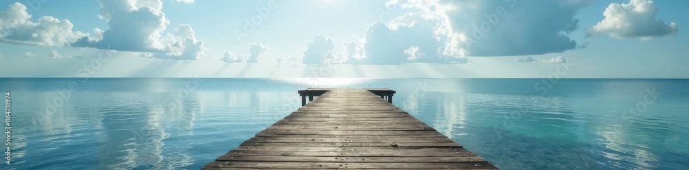 Fototapeta premium Empty wooden pier extends over calm sea, cloudy sky , blue, grey, view