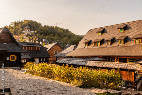 Wooden houses of Drvengrad (Kustendorf) settlement near Mokra Gora, Serbia photo