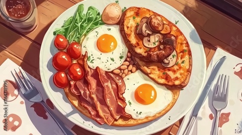 Eggs, bacon, sausages, tomatoes, mushrooms, and baked beans are common breakfast items in England.