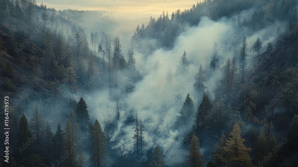 Aerial View of Smoke Rising from Mountainside at Dusk Aerial View of Smoke Rising from Mountainside at Dusk