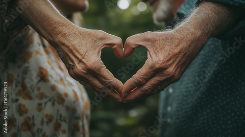 An old elderly couple making heart hands close up still in love Valentine's Day