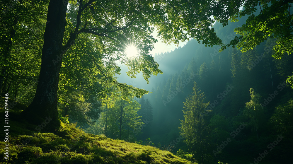 Obraz premium Sunlight filtering through tall trees in a serene forest environment during a peaceful morning