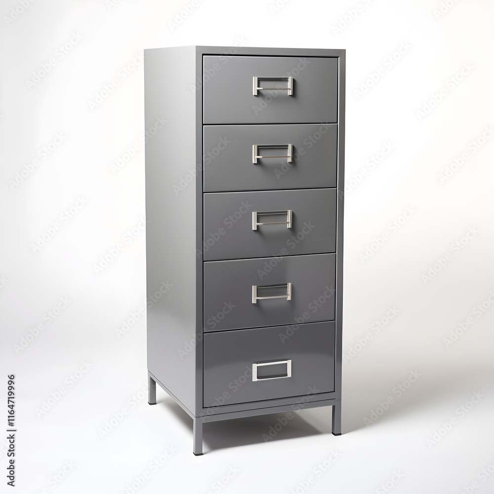Modern Four-Drawer Metal Filing Cabinet in Office Setting, Depicting Efficiency and Organization Modern Four-Drawer Metal Filing Cabinet in Office Setting, Depicting Efficiency and Organization