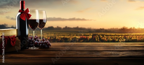 Bouteille de vin, verre, raisin, fromage et paysage de vignoble avec coucher de soleil sur fond de table en bois, bannière de présentation de produit de cave pour un concept de design publicitaire. photo