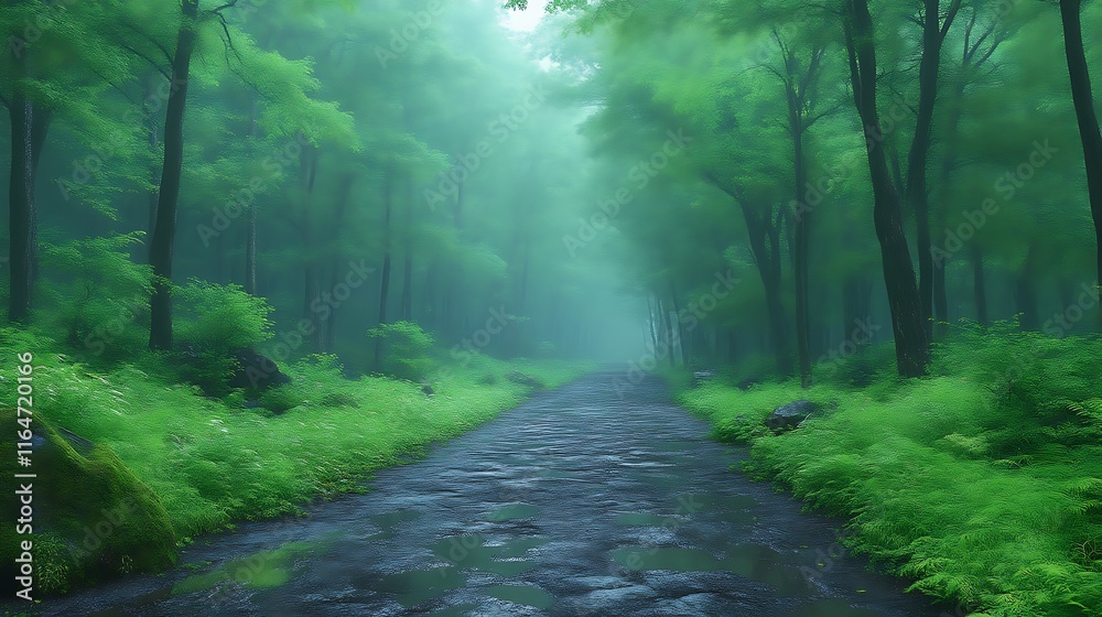Obraz premium Misty Forest Path A Green Verdant Scene