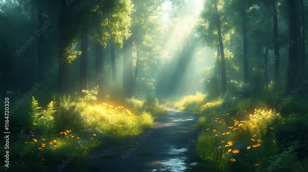 Fototapeta premium Sunlit Path Through a Misty Green Forest