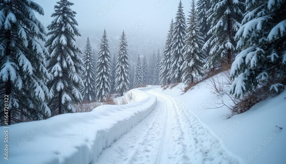 Tranquil snowy mountain trail winding through evergreen trees with soft snowfall creating a serene atmosphere and curved path highlighted by diffused soft light Tranquil snowy mountain trail winding through evergreen trees with soft snowfall creating a serene atmosphere and curved path highlighted by diffused soft light
