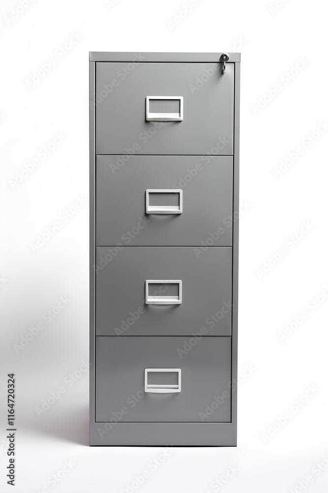 Modern Four-Drawer Metal Filing Cabinet in Office Setting, Depicting Efficiency and Organization Modern Four-Drawer Metal Filing Cabinet in Office Setting, Depicting Efficiency and Organization
