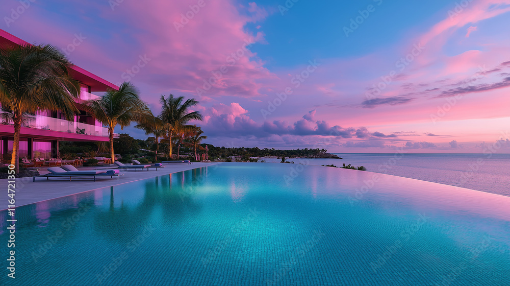 Sunset view of a serene resort with palm trees and an infinity pool overlooking the ocean Sunset view of a serene resort with palm trees and an infinity pool overlooking the ocean
