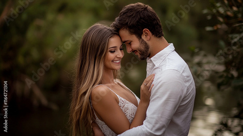 A couple in love embracing wedding engagement photo shoot married engaged on a date photo