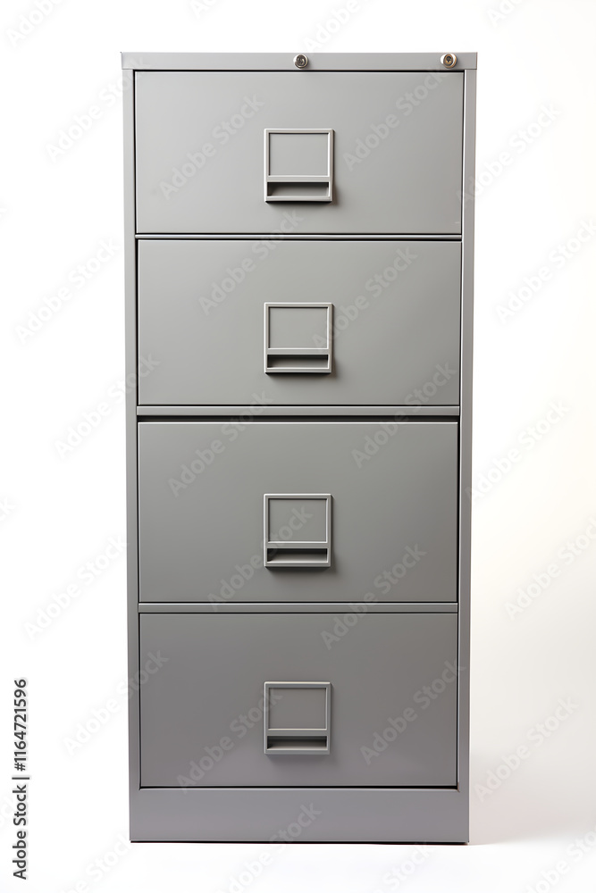 Modern Four-Drawer Metal Filing Cabinet in Office Setting, Depicting Efficiency and Organization Modern Four-Drawer Metal Filing Cabinet in Office Setting, Depicting Efficiency and Organization