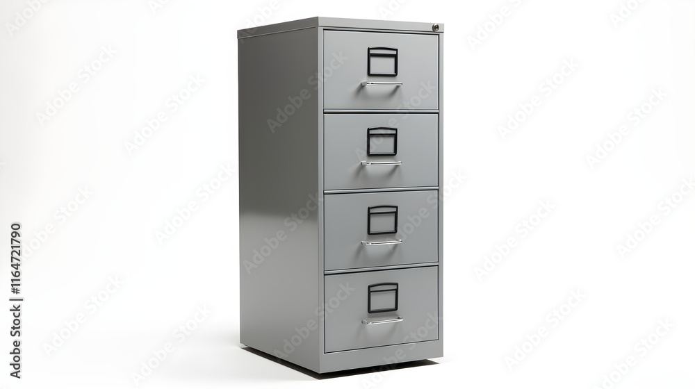 Modern Four-Drawer Metal Filing Cabinet in Office Setting, Depicting Efficiency and Organization Modern Four-Drawer Metal Filing Cabinet in Office Setting, Depicting Efficiency and Organization