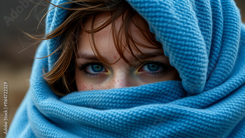 A tight shot of a woman's freckled face, concealed by unruly hair She is draped in a blue blanket photo