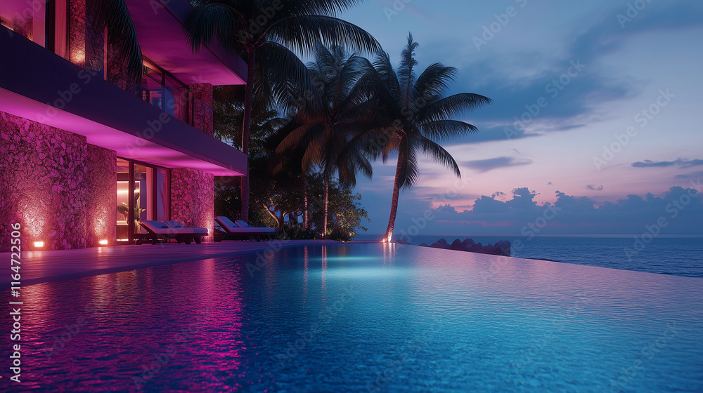 Obraz premium Elegant sunset at a luxury resort featuring palm trees and an infinity pool