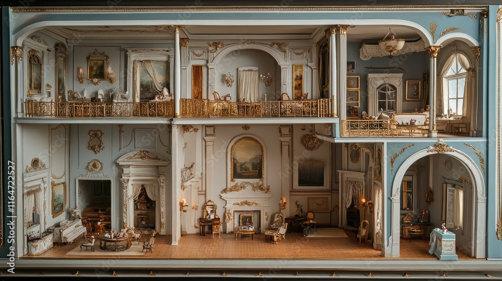 Fototapeta premium A miniature fantasy inside a dollhouse, neoclassical influences, dark white and light blue, rounded.