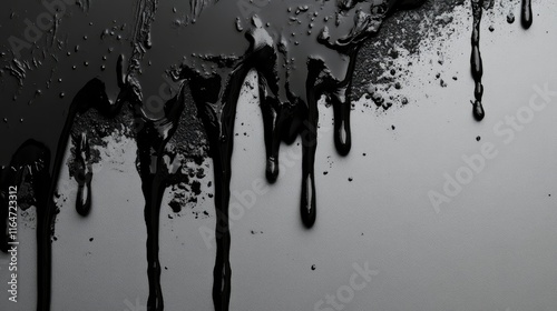 Black melted paint dripping. Abstract melted paint dripping top edge position. Edges and ink drops. Retro and dirty painted wall surface, dark black flowing paint, texture. Abstract background.  photo