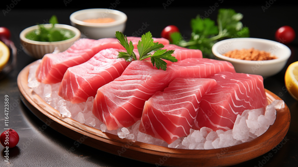 Close-up of a vibrant tuna sashimi slice garnished with herbs, showcasing gourmet Japanese cuisine, studio view. Close-up of a vibrant tuna sashimi slice garnished with herbs, showcasing gourmet Japanese cuisine, studio view.