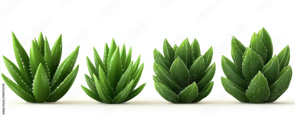 Fototapeta premium Four realistic aloe vera plants in row, showcasing vibrant green leaves and natural textures