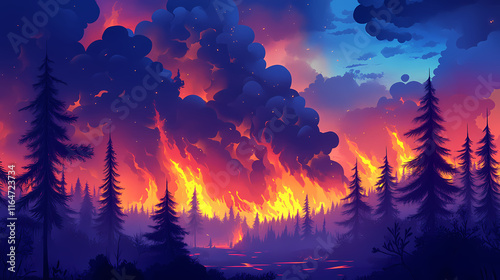 Dramatic landscape depicting a forest fire with dense smoke, charred trees, and vivid flames under an ominous sky. Ashfall. Illustration