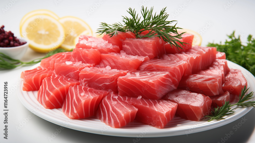 A fresh slice of tuna sashimi on a white plate, ideal for Japanese cuisine and fine dining concepts, studio view. A fresh slice of tuna sashimi on a white plate, ideal for Japanese cuisine and fine dining concepts, studio view.
