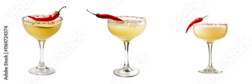 A spicy mezcal margarita served in a salt-rimmed glass, garnished with a chili pepper, isolated on a transparent background photo