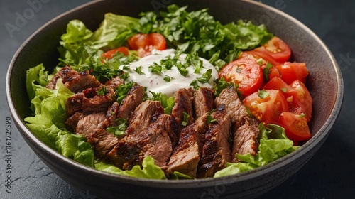 A serving of shawarma with tender lamb, fresh tomatoes, and lettuce, topped with a yogurt-based sauce.