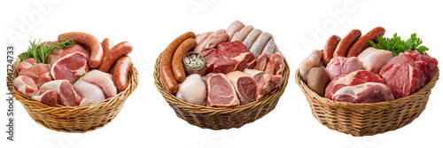 A small basket filled with different cuts of fresh meat, including steaks, chicken breasts, and sausages, isolated on a transparent background