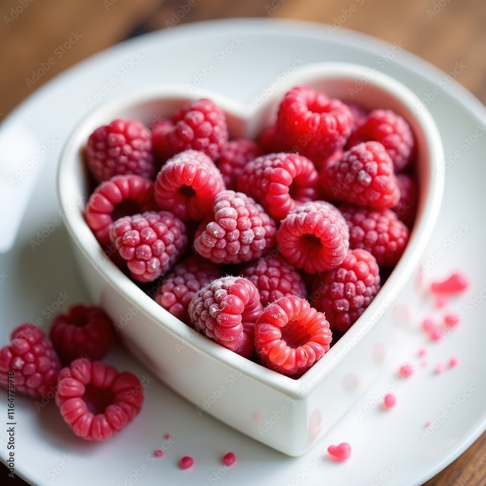 White tiamissu in a heart-shaped mold with fresh raspberries , whipped cream, dessert molds White tiamissu in a heart-shaped mold with fresh raspberries , whipped cream, dessert molds