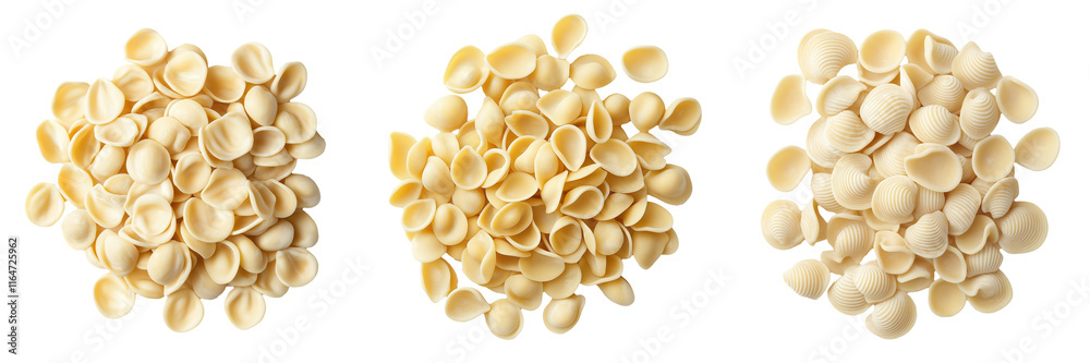 A pile of uncooked orecchiette pasta shells, isolated on a transparent background A pile of uncooked orecchiette pasta shells, isolated on a transparent background