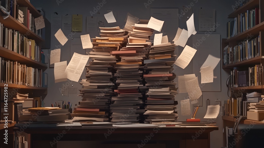 Obraz premium A cluttered desk surrounded by stacks of papers and books, suggesting research or study.