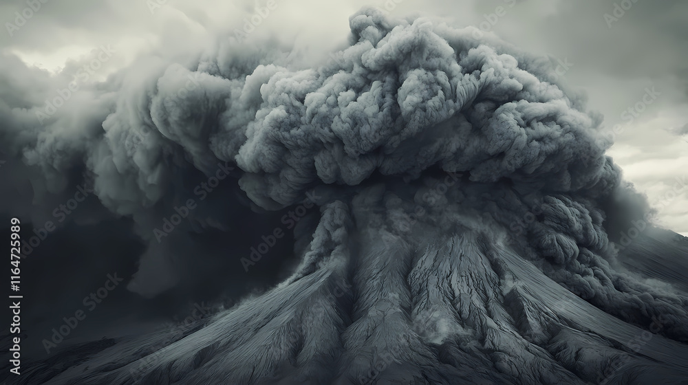 Ashfall, swirling gray ash clouds obscuring distant landscapes. Ashfall. Illustration Ashfall, swirling gray ash clouds obscuring distant landscapes. Ashfall. Illustration