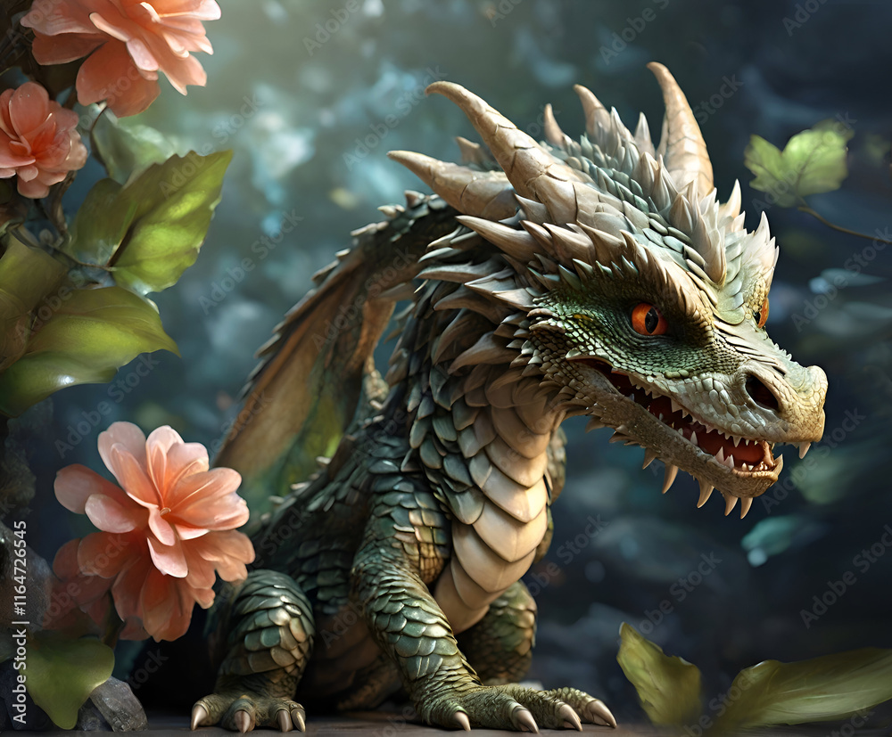 beautiful green dragon baby seating at stone around jungle. digital artwork. AI generated